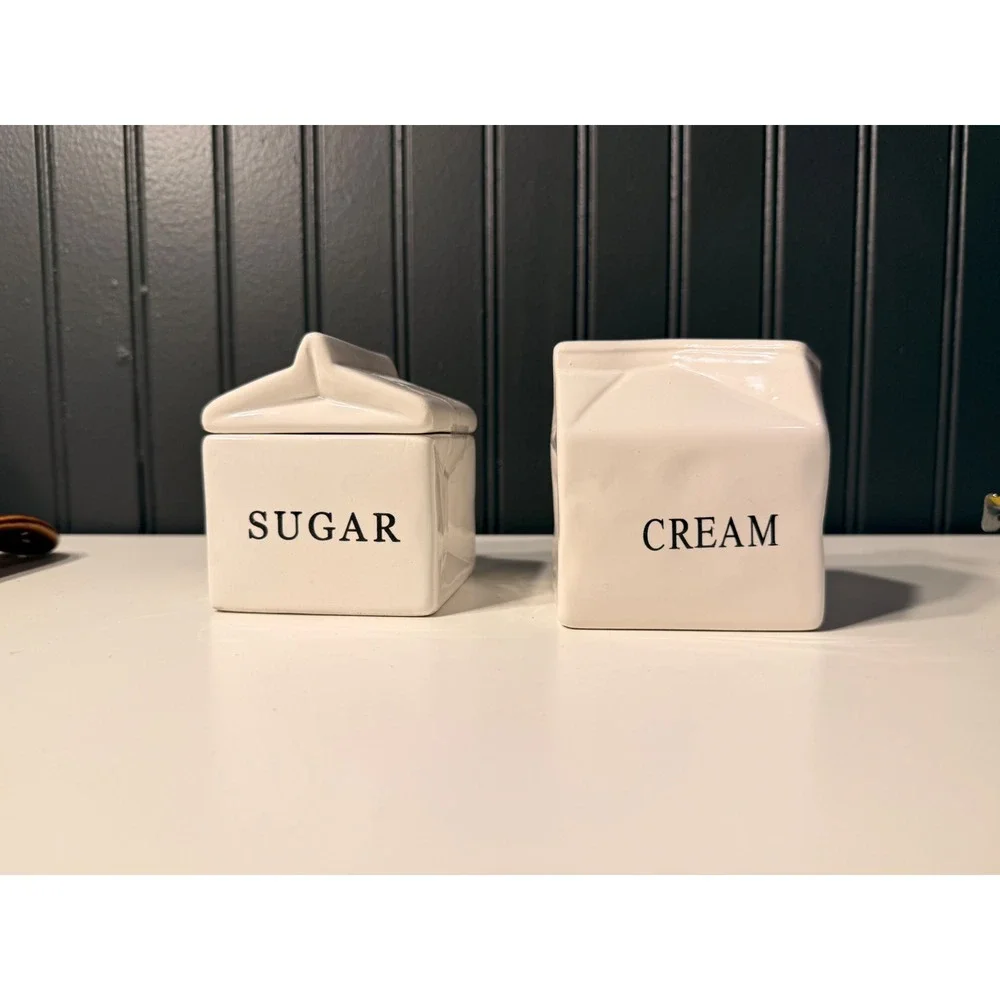 World Market White Ceramic Milk Carton Sugar and Creamer Set Stoneware